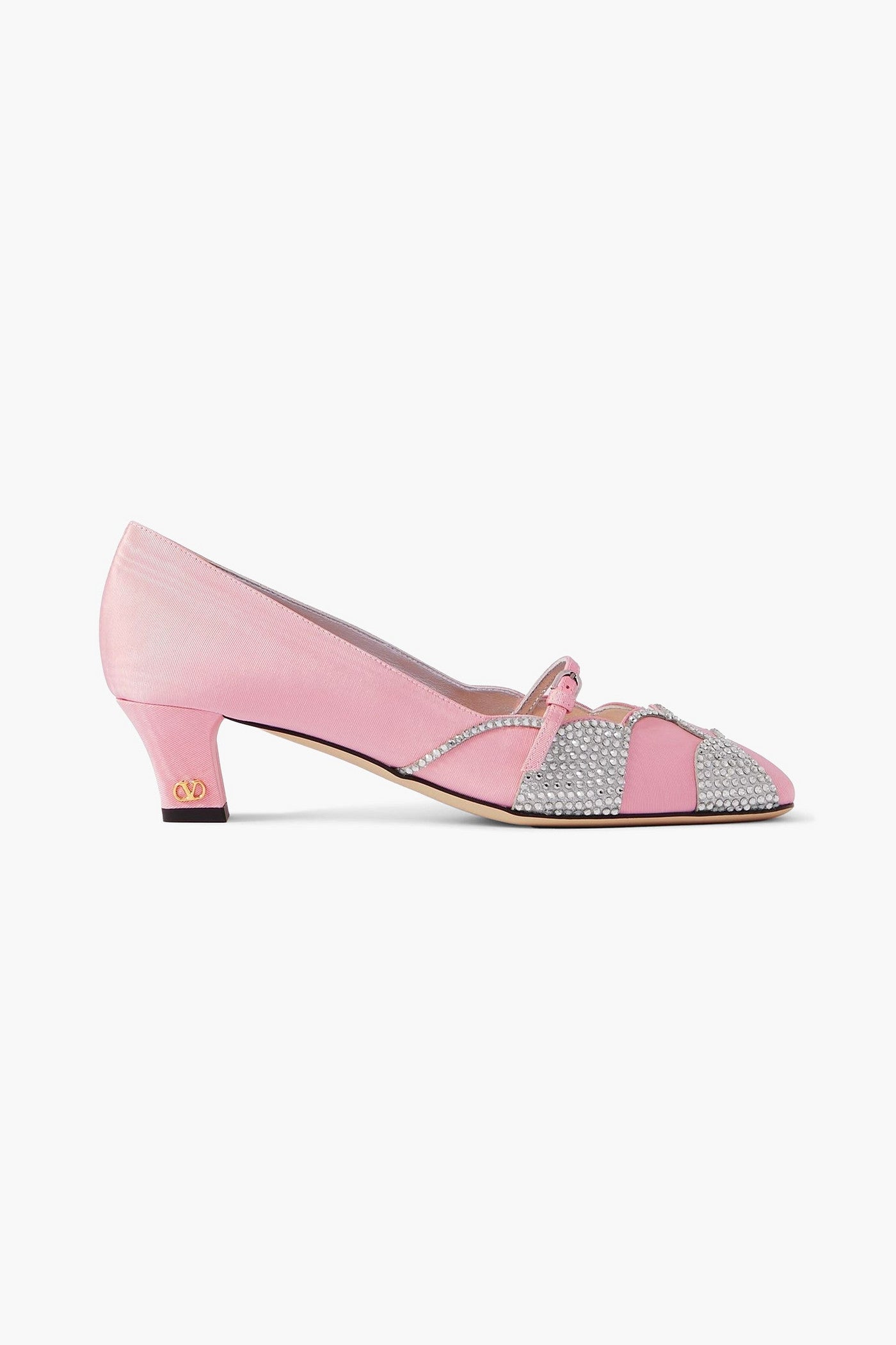 Valentino Garavani Bowow 45 Crystal-Embellished Metallic Suede-Trimmed Moire Pumps Baby Pink Women's