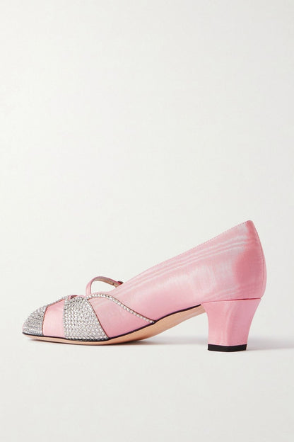 Valentino Garavani Bowow 45 Crystal-Embellished Metallic Suede-Trimmed Moire Pumps Baby Pink Women's