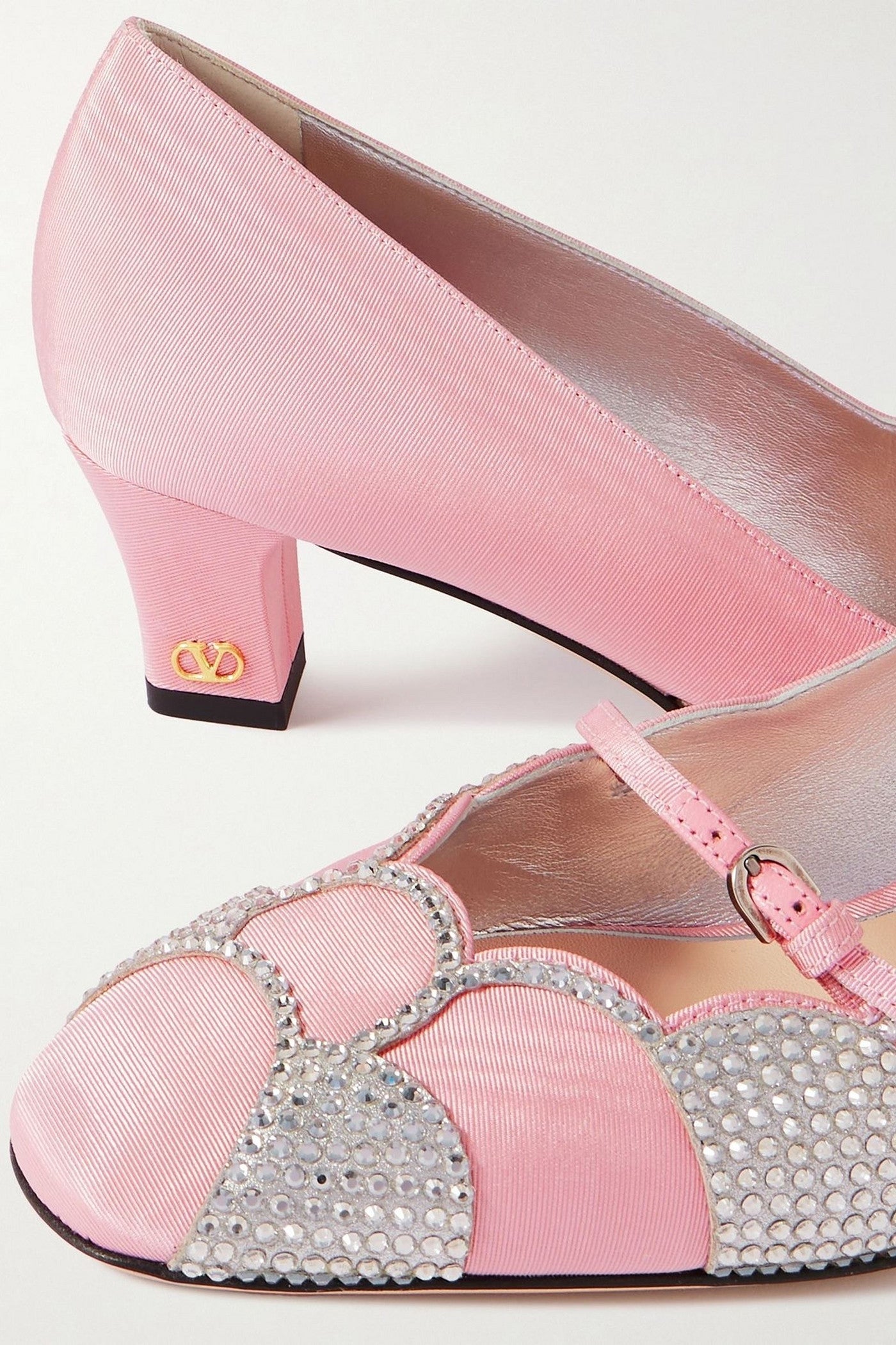 Valentino Garavani Bowow 45 Crystal-Embellished Metallic Suede-Trimmed Moire Pumps Baby Pink Women's