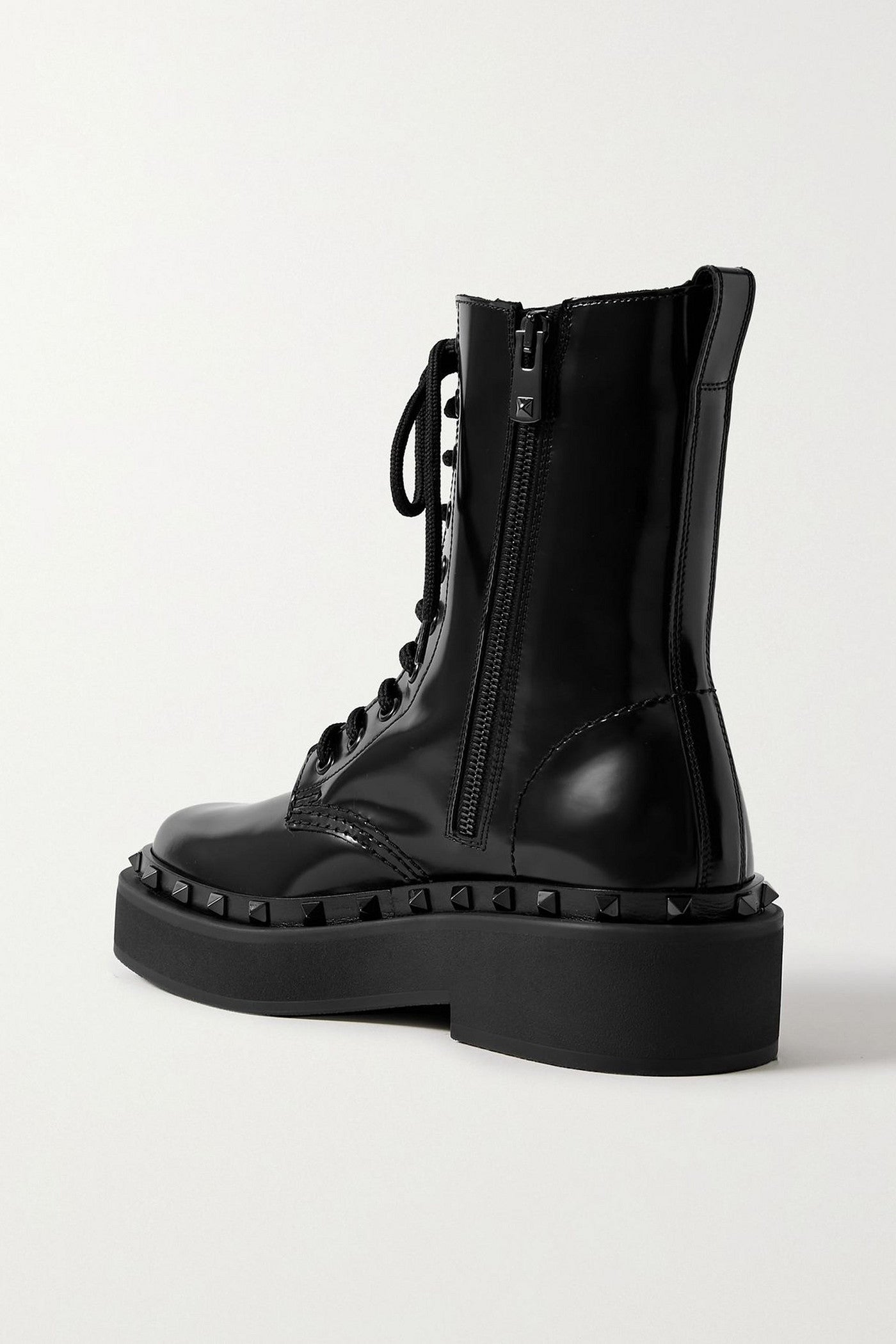 Valentino Garavani Rockstud Embellished Glossed-Leather Combat Boots Black Women's