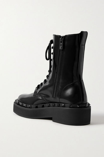 Valentino Garavani Rockstud Embellished Glossed-Leather Combat Boots Black Women's