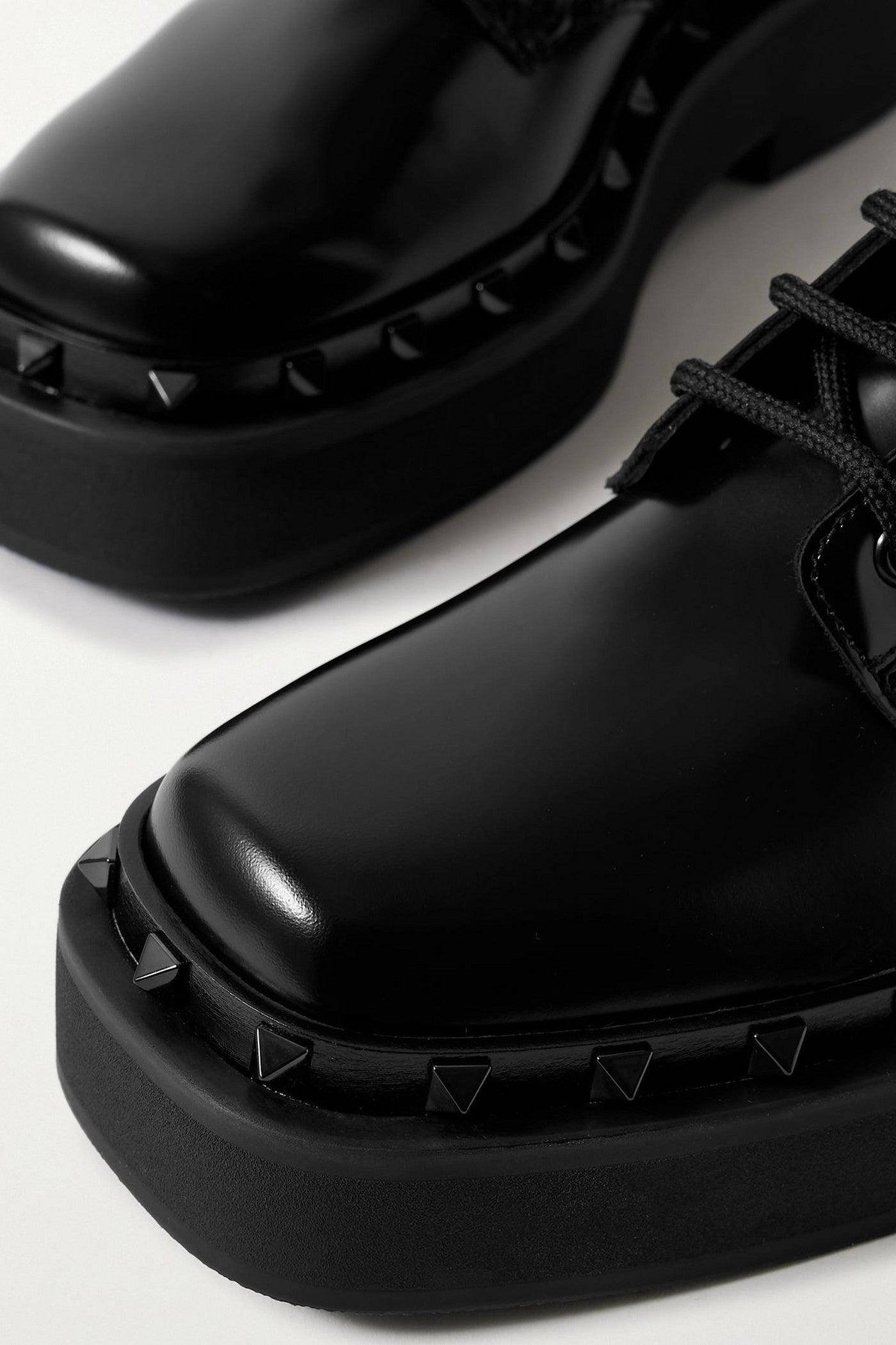 Valentino Garavani Rockstud Embellished Glossed-Leather Combat Boots Black Women's