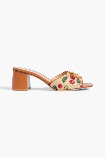 Valentino Garavani Vlogo Signature Cherryfic Leather-Trimmed Embroidered Raffia Mules Camel Women's