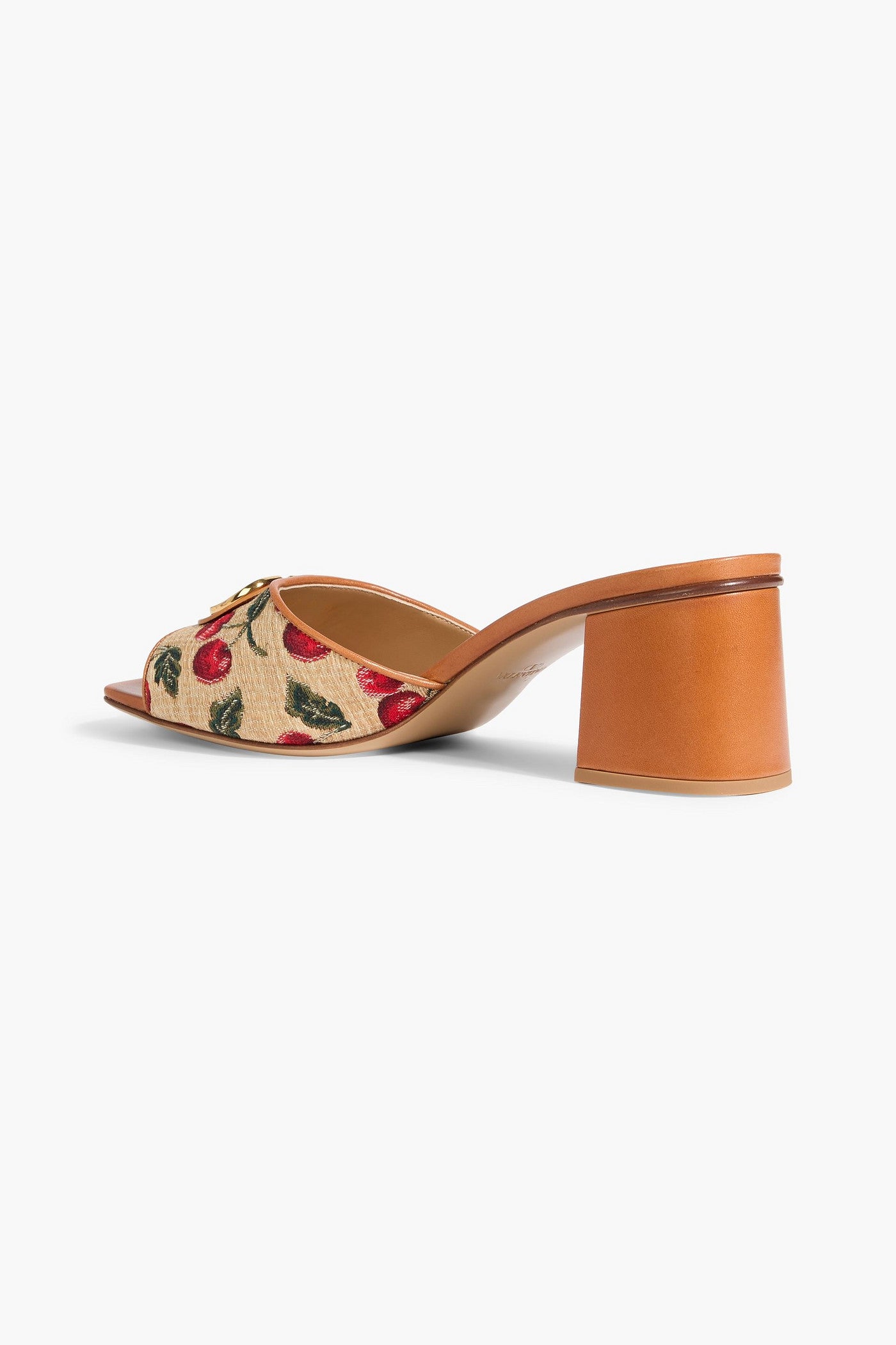 Valentino Garavani Vlogo Signature Cherryfic Leather-Trimmed Embroidered Raffia Mules Camel Women's