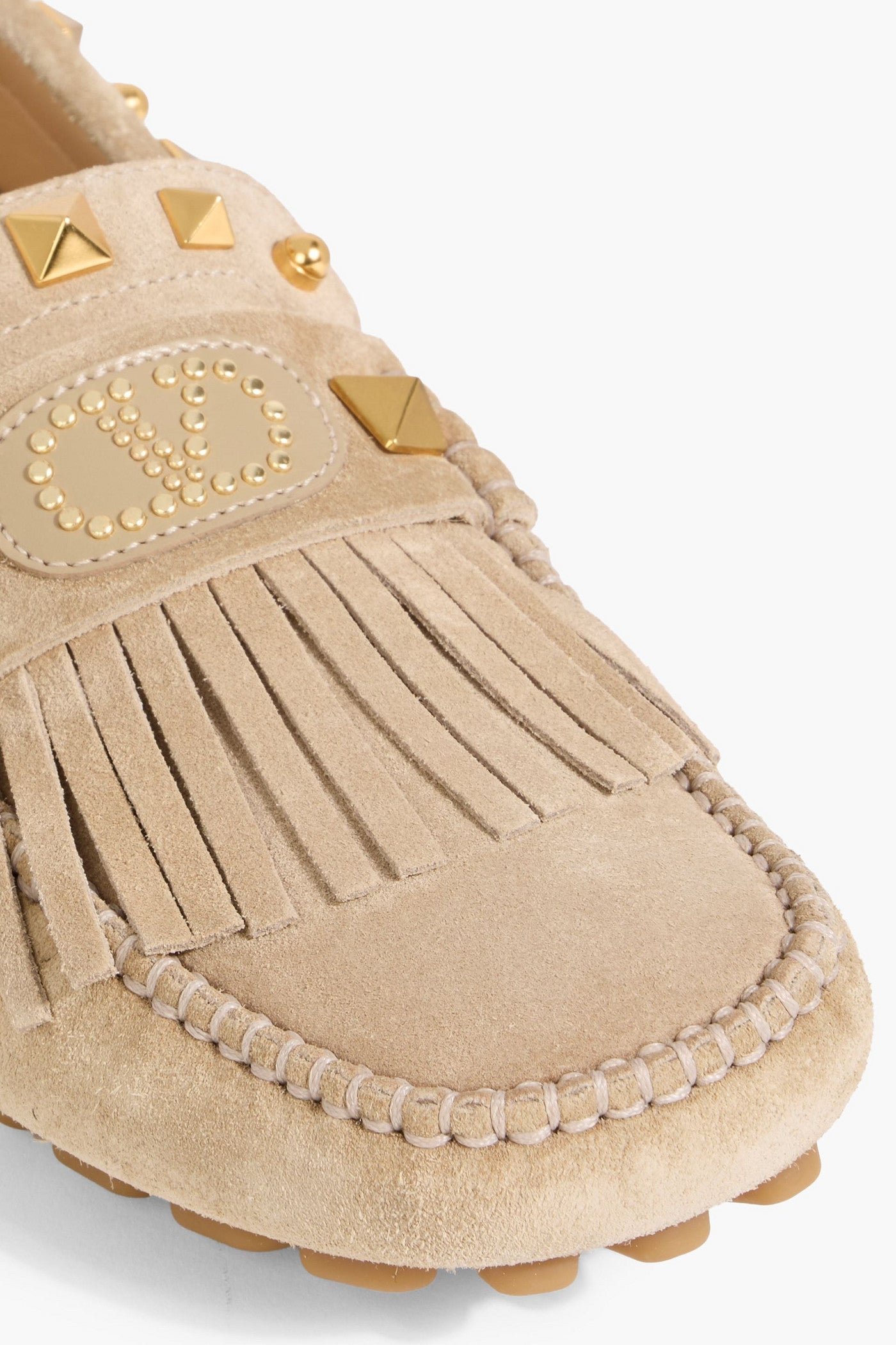Valentino Garavani Plaster Caster Fringed Studded Suede Loafers Beige Women's
