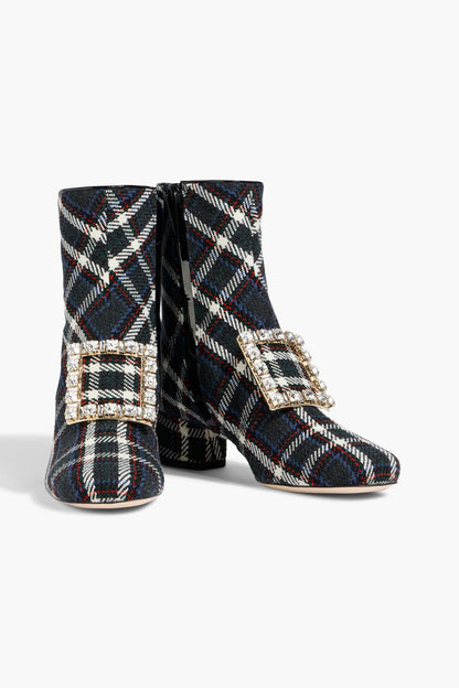 Roger Vivier Trs Vivier Embellished Checked Tweed Ankle Boots Charcoal Women's