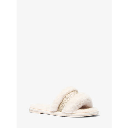 Michael Kors Alexis Faux Fur and Metallic Signature Logo Slide Sandal
