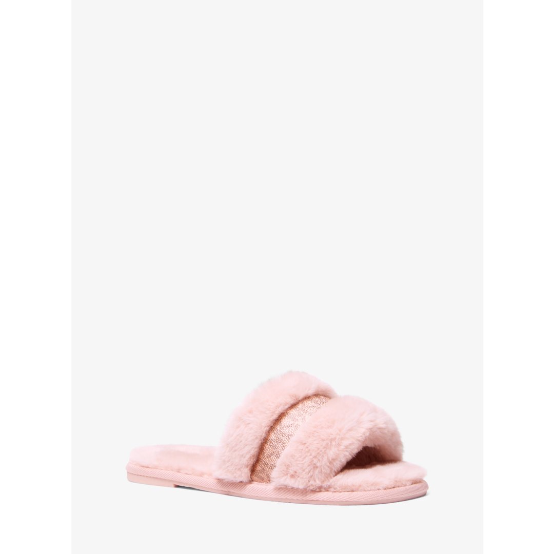Michael Kors Alexis Faux Fur and Metallic Signature Logo Slide Sandal