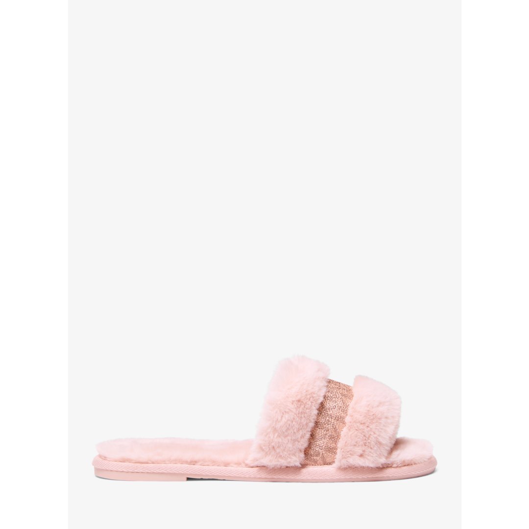 Michael Kors Alexis Faux Fur and Metallic Signature Logo Slide Sandal