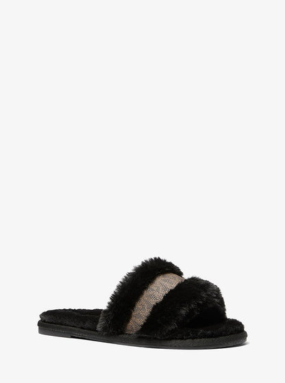Michael Kors Alexis Faux Fur and Metallic Signature Logo Slide Sandal BLK/BROWN