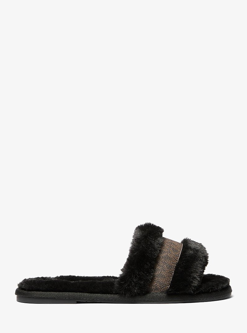Michael Kors Alexis Faux Fur and Metallic Signature Logo Slide Sandal BLK/BROWN