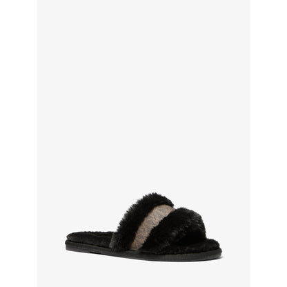 Michael Kors Alexis Faux Fur and Metallic Signature Logo Slide Sandal