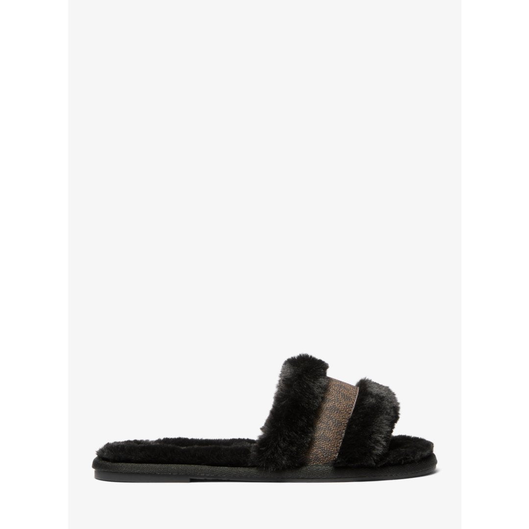 Michael Kors Alexis Faux Fur and Metallic Signature Logo Slide Sandal