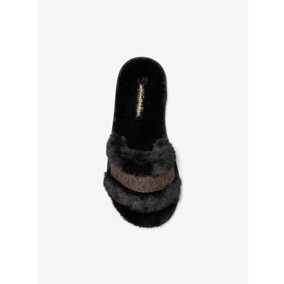 Michael Kors Alexis Faux Fur and Metallic Signature Logo Slide Sandal