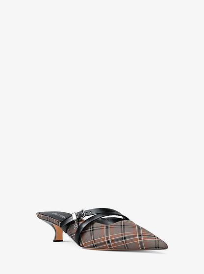 Michael Kors Yvette Plaid Print Kitten Mule MUSHROOM MLTI