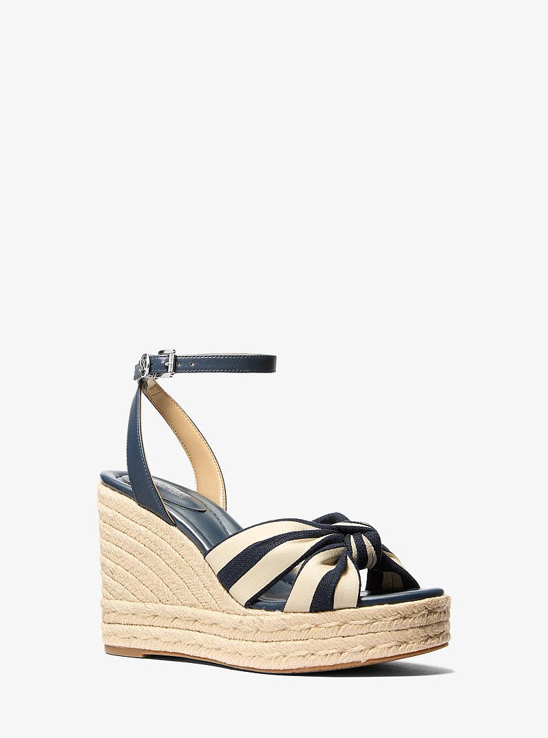 Michael Kors Elena Striped Linen Blend Wedge Sandal NAVY