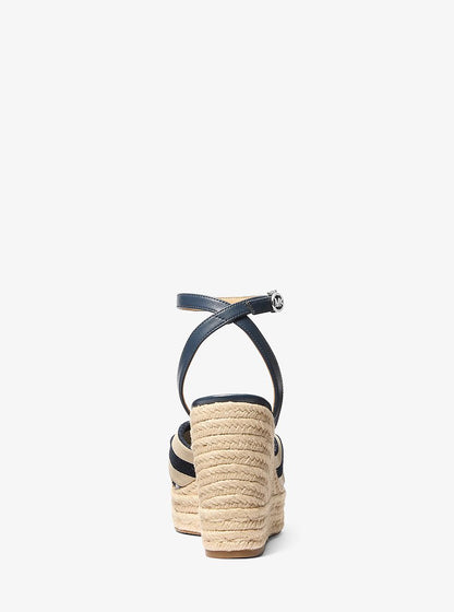 Michael Kors Elena Striped Linen Blend Wedge Sandal NAVY