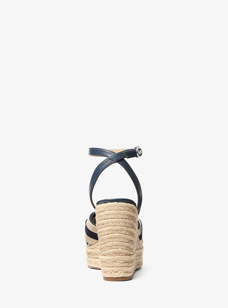 Michael Kors Elena Striped Linen Blend Wedge Sandal NAVY