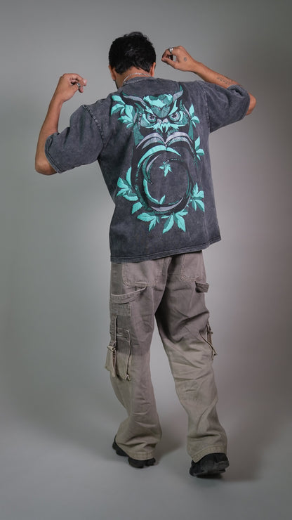 OWL VISION DARK GREY ACIDWASH MEN’S OVERSIZED T-SHIRT