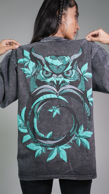 OWL VISION DARK GREY ACIDWASH WOMEN’S OVERSIZED T-SHIRT