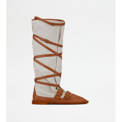 Tods Boots In Leather And Canvas Brown Womens