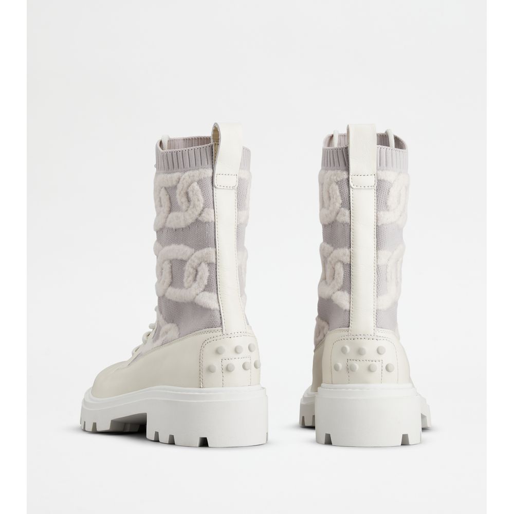 Tods Kate Combat Boots In Fabric And Leather White Womens