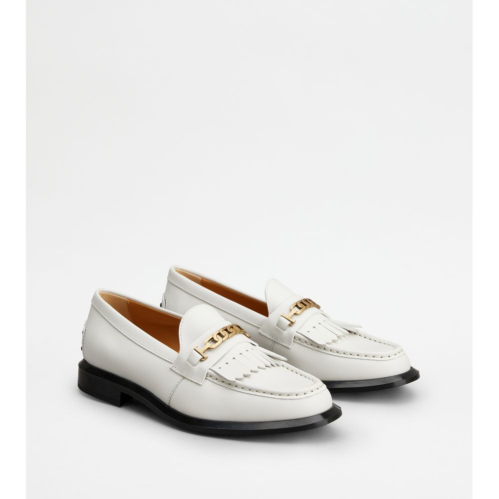 Tods Loafers In Leather With Fringes White Womens