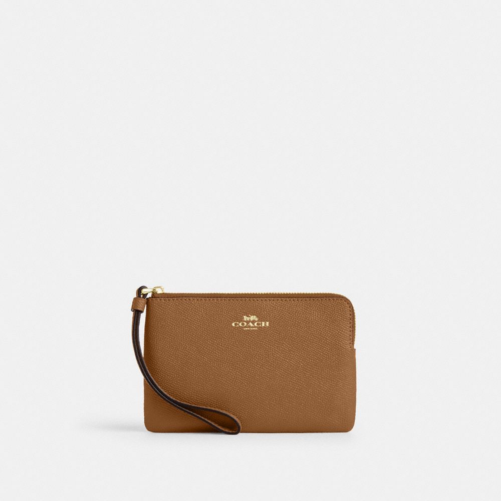 Corner Zip Wristlet Crossgrain Leather-Im-Honey Brown Crossgrain Leather-Im-Honey Brown