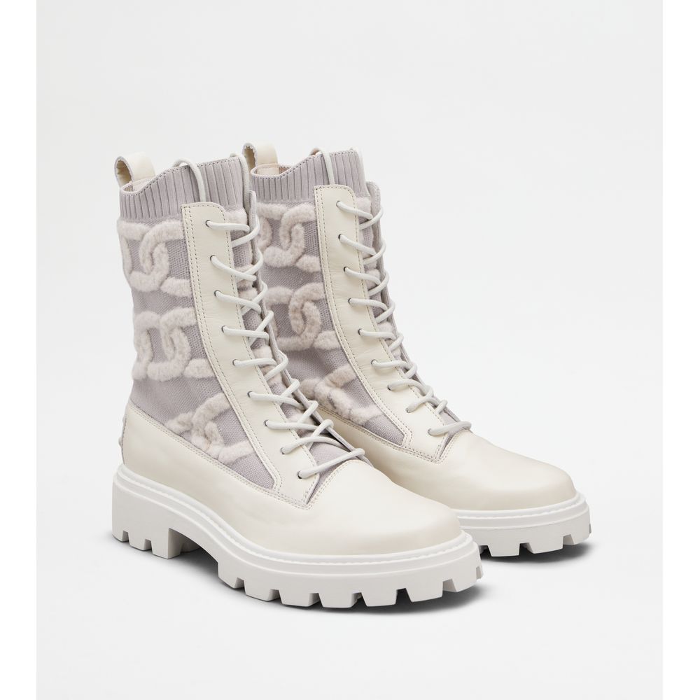 Tods Kate Combat Boots In Fabric And Leather White Womens