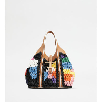 Tods T Timeless Shopping Bag In Leather And Raffia Mini Brown Black Light Blue