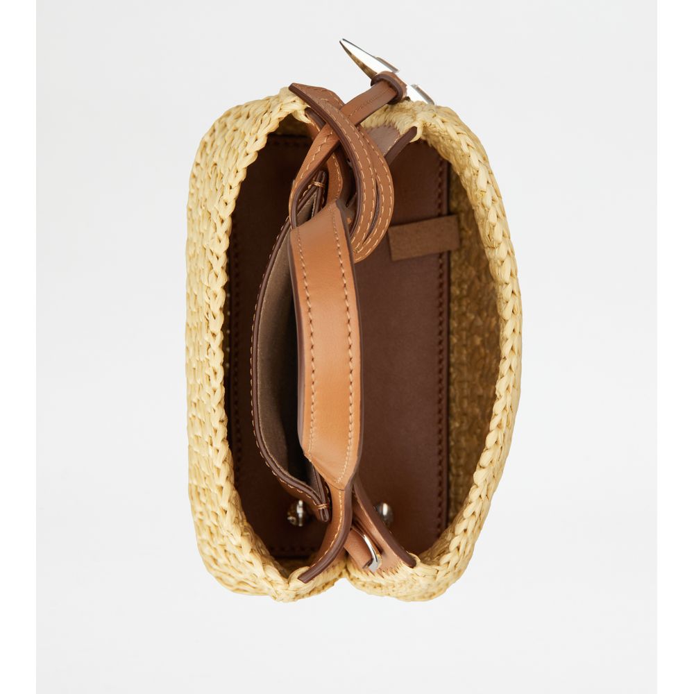 Tods Micro Bag In Raffia And Leather Beige Brown