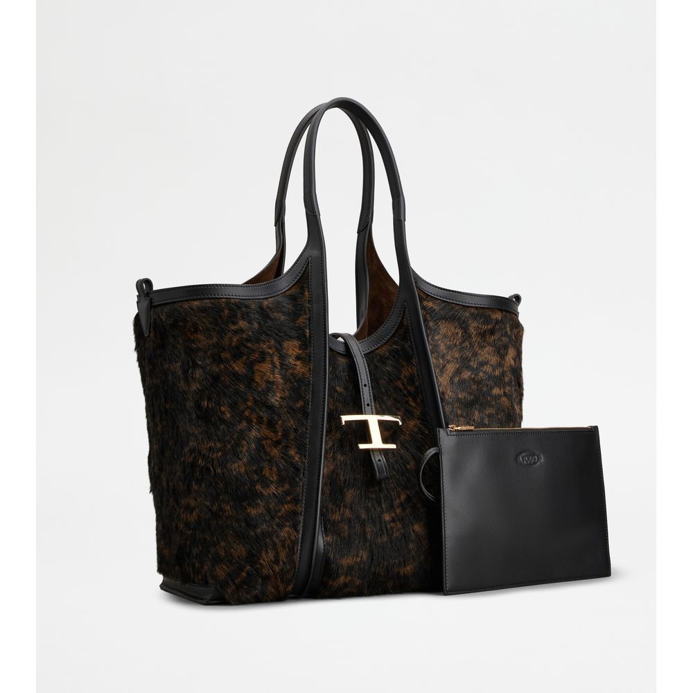 Tods T Timeless Shopping Bag In Pony Effect Leather Medium Black Brown