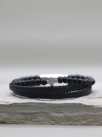 BLACK BEADED CROSS BRACELET FOR MEN