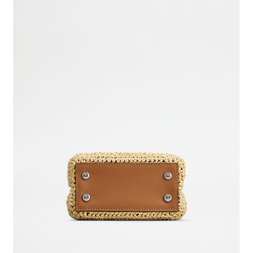 Tods Micro Bag In Raffia And Leather Beige Brown