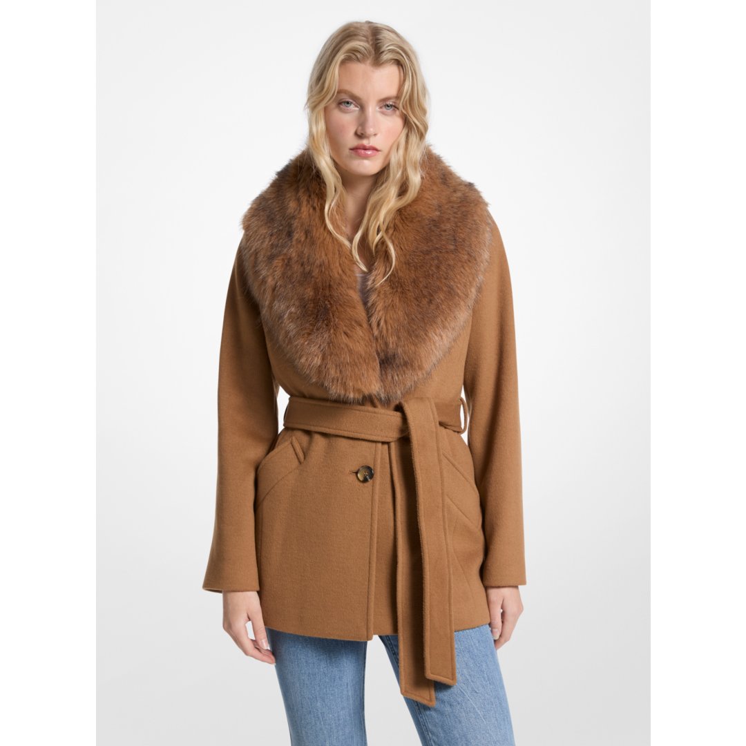 Michael Kors Faux Fur Trim Wool Blend Coat DARK CAMEL