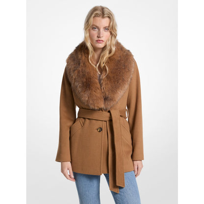 Michael Kors Faux Fur Trim Wool Blend Coat DARK CAMEL