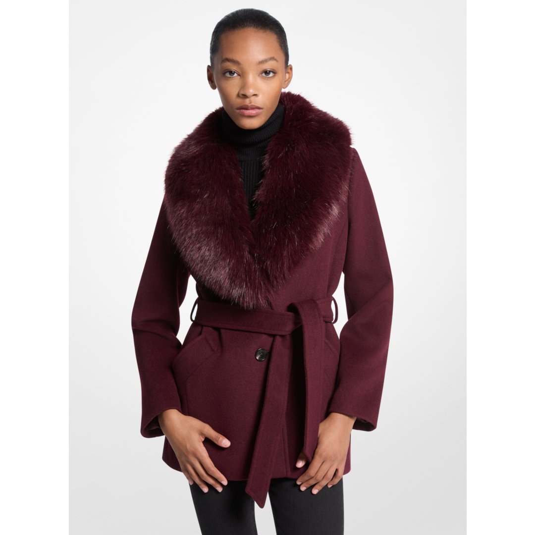 Michael Kors Faux Fur Trim Wool Blend Coat MERLOT