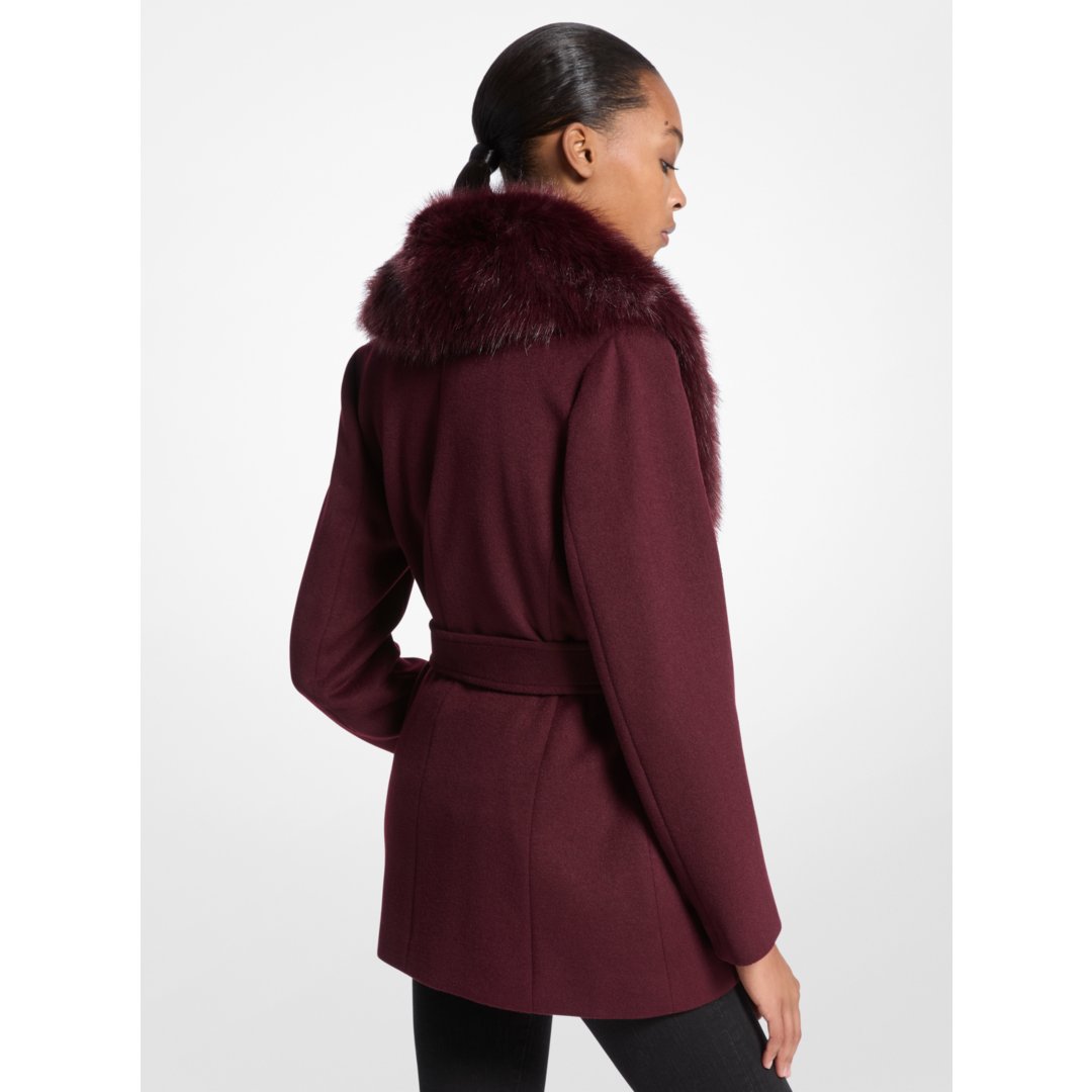Michael Kors Faux Fur Trim Wool Blend Coat MERLOT