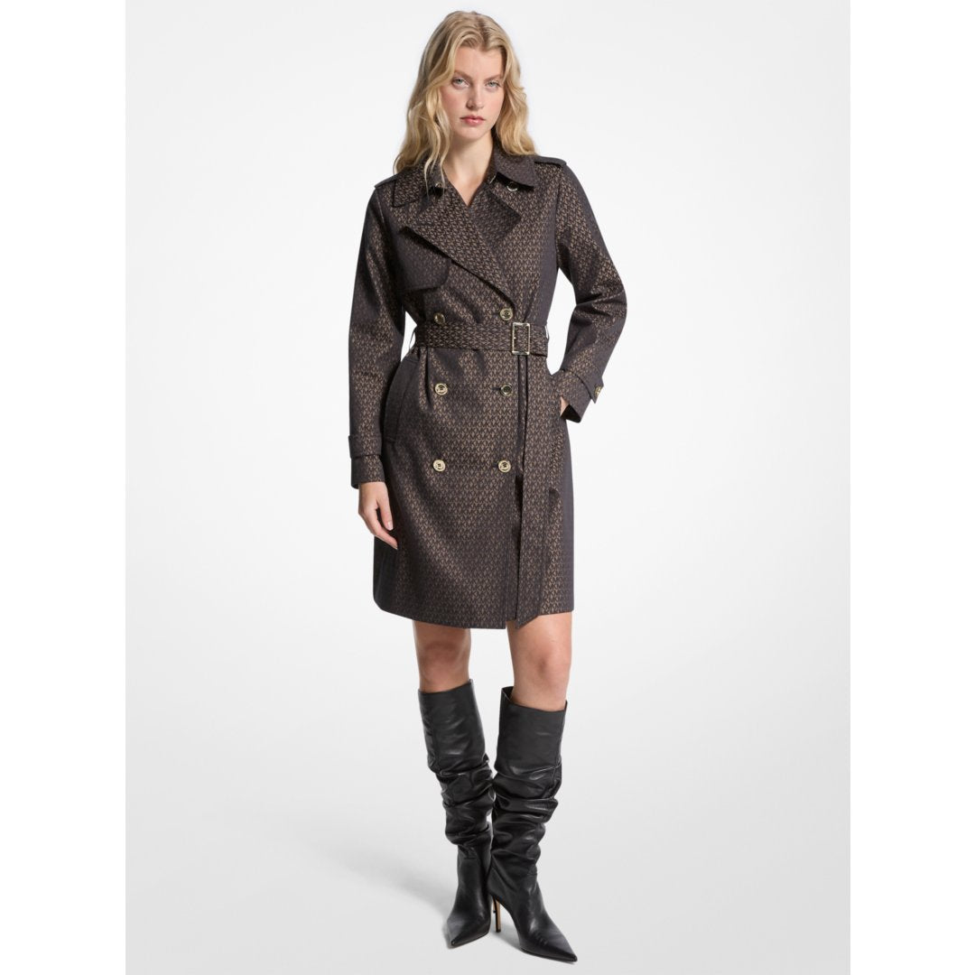 Michael Kors Signature Logo Cotton Blend Belted Trench Coat BLACK/TAUPE