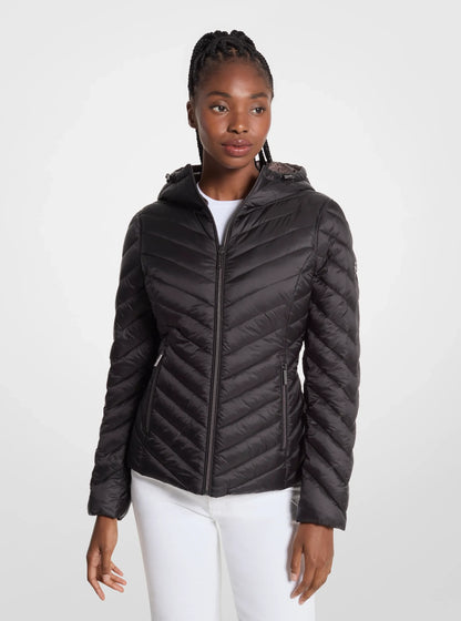 Michael Kors Chevron Logo Print Quilted Nylon Reversible  Jacket BLACK/BROWN LOGO