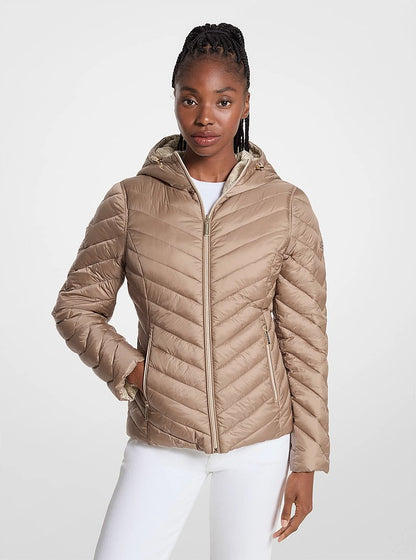 Michael Kors Chevron Logo Print Quilted Nylon Reversible  Jacket TAUPE/BONE LOGO
