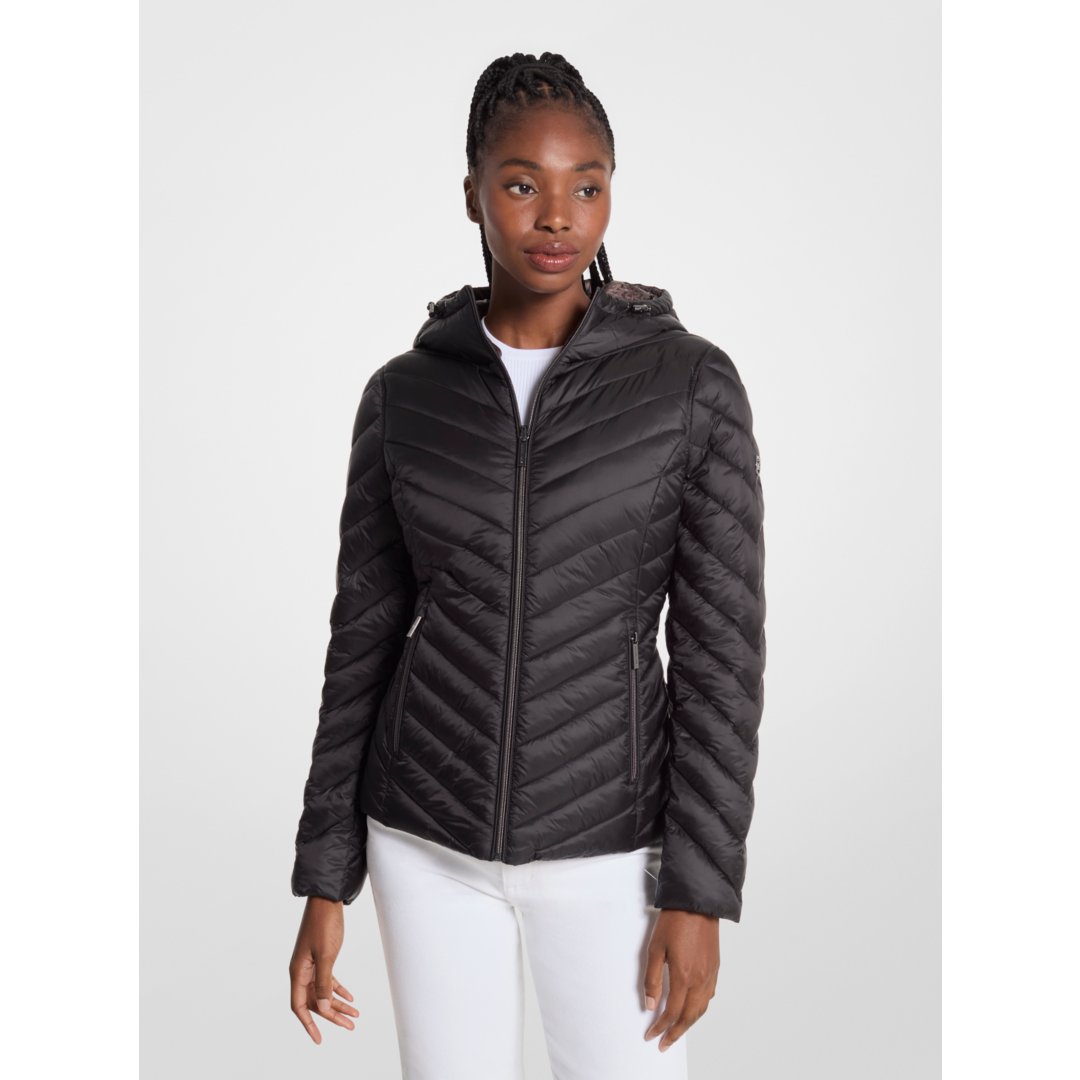 Michael Kors Chevron Logo Print Quilted Nylon Reversible  Jacket BLACK/BROWN LOGO