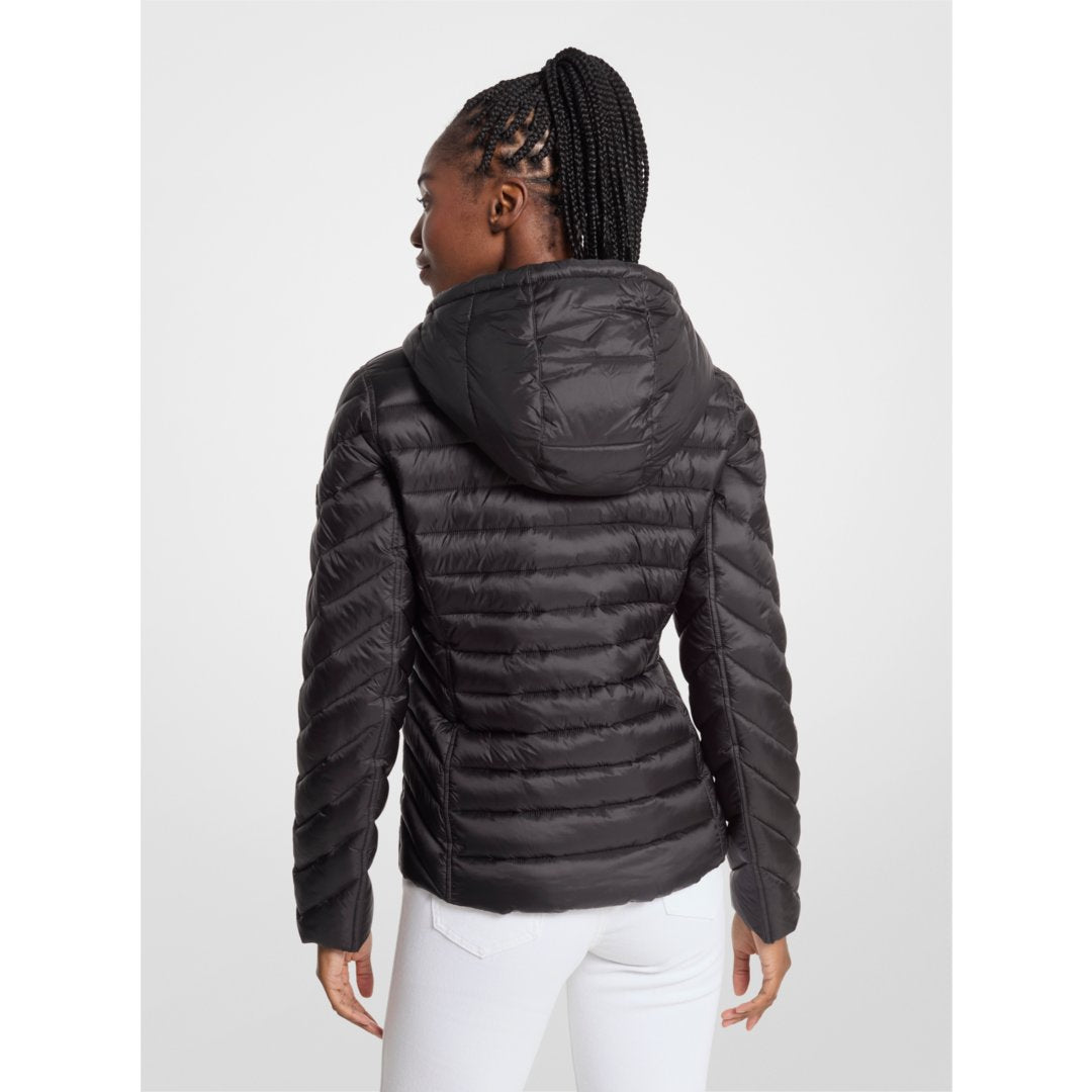 Michael Kors Chevron Logo Print Quilted Nylon Reversible  Jacket BLACK/BROWN LOGO