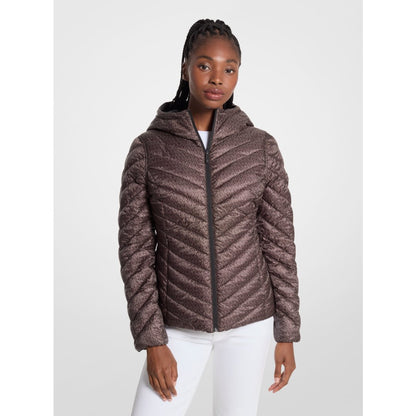 Michael Kors Chevron Logo Print Quilted Nylon Reversible  Jacket BLACK/BROWN LOGO