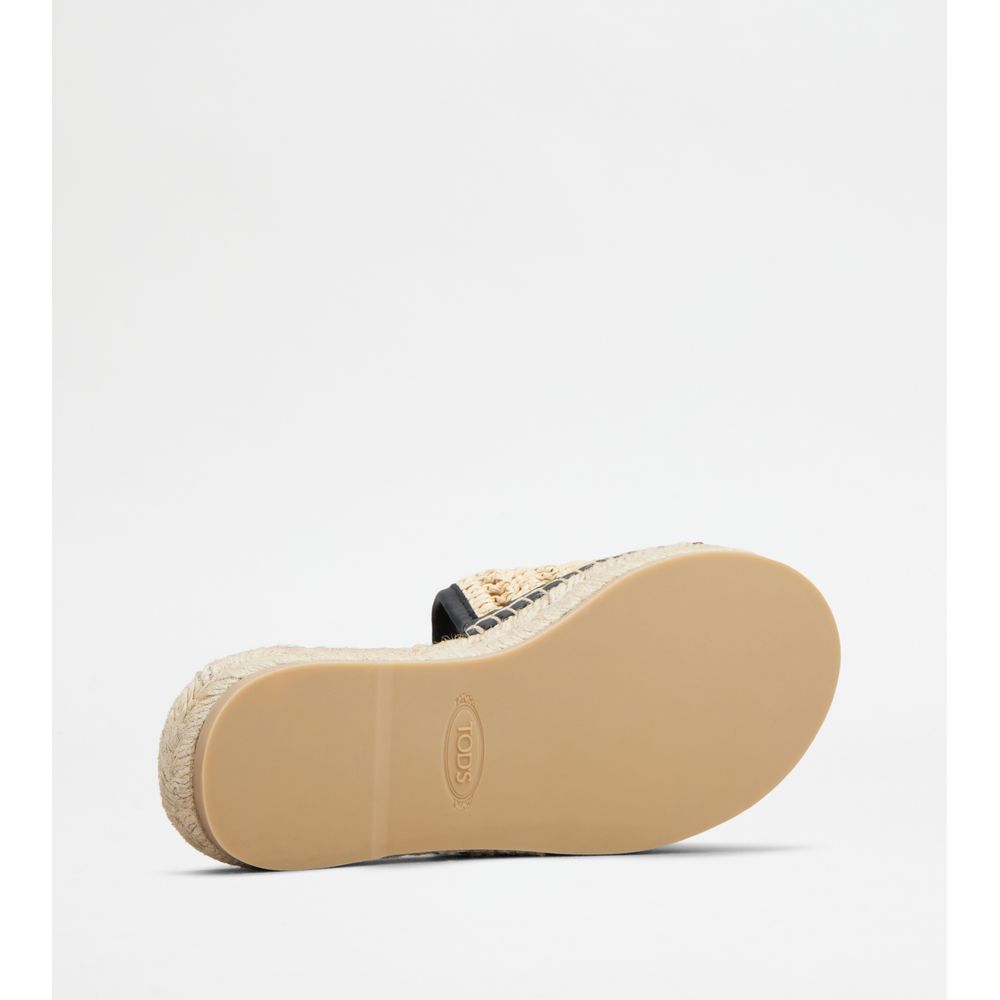 Tods Sandals In Leather And Fabric Black Beige Womens