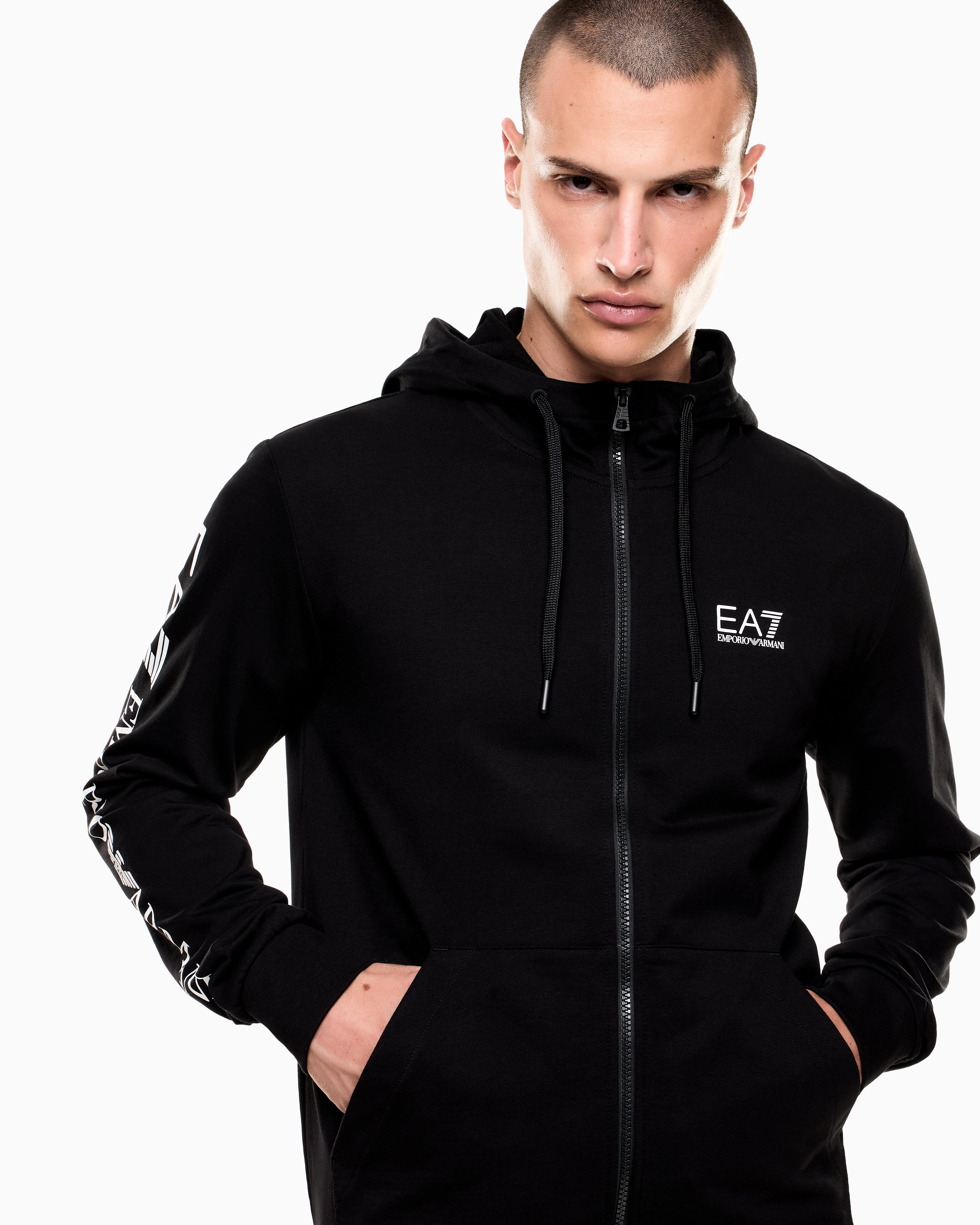 EA7 Logo Series cotton hooded, zip-up sweatshirt