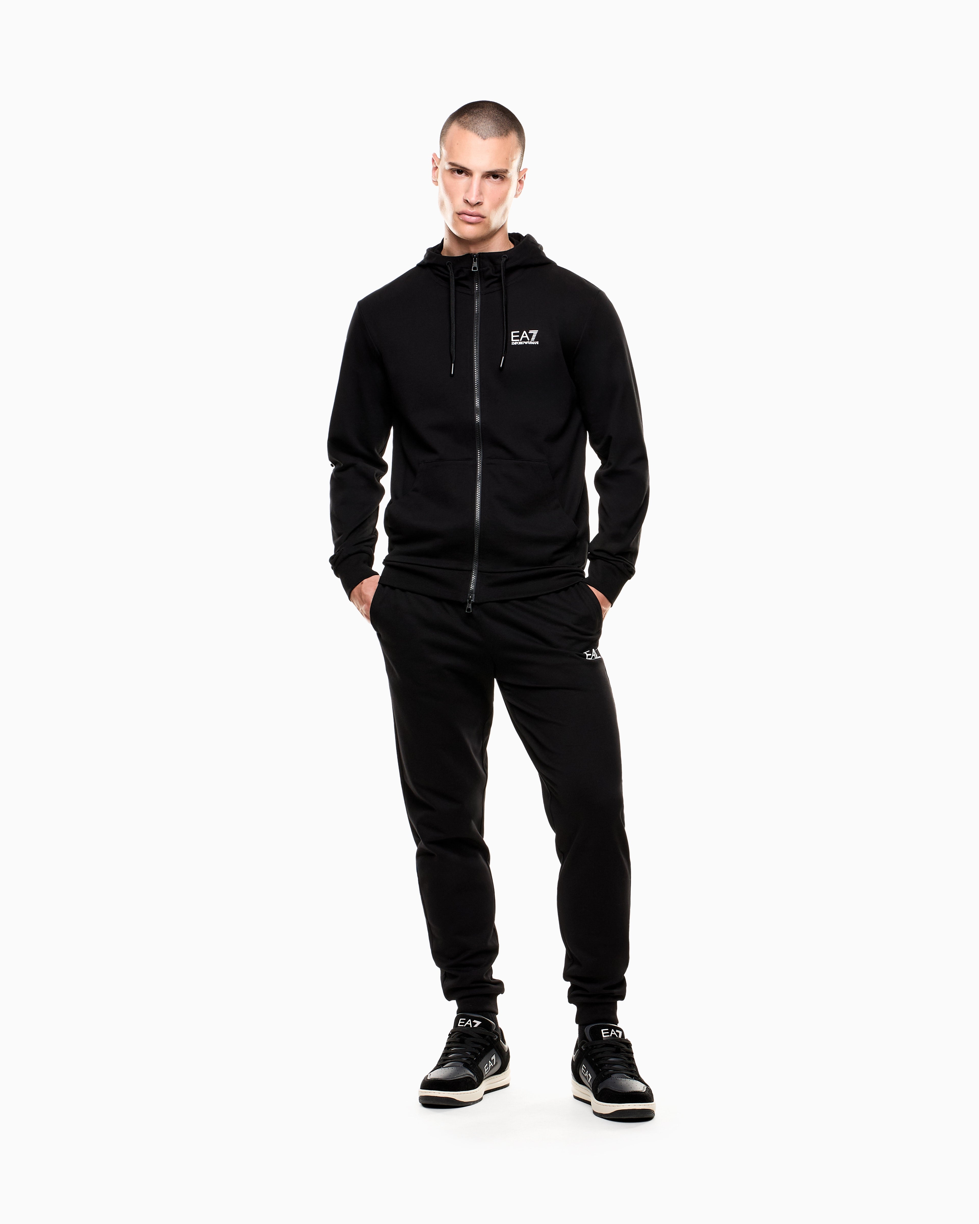 EA7 Logo Series cotton hooded, zip-up sweatshirt