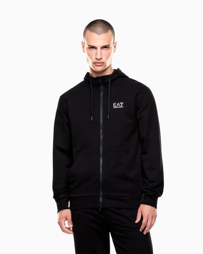 EA7 Logo Series cotton hooded, zip-up sweatshirt