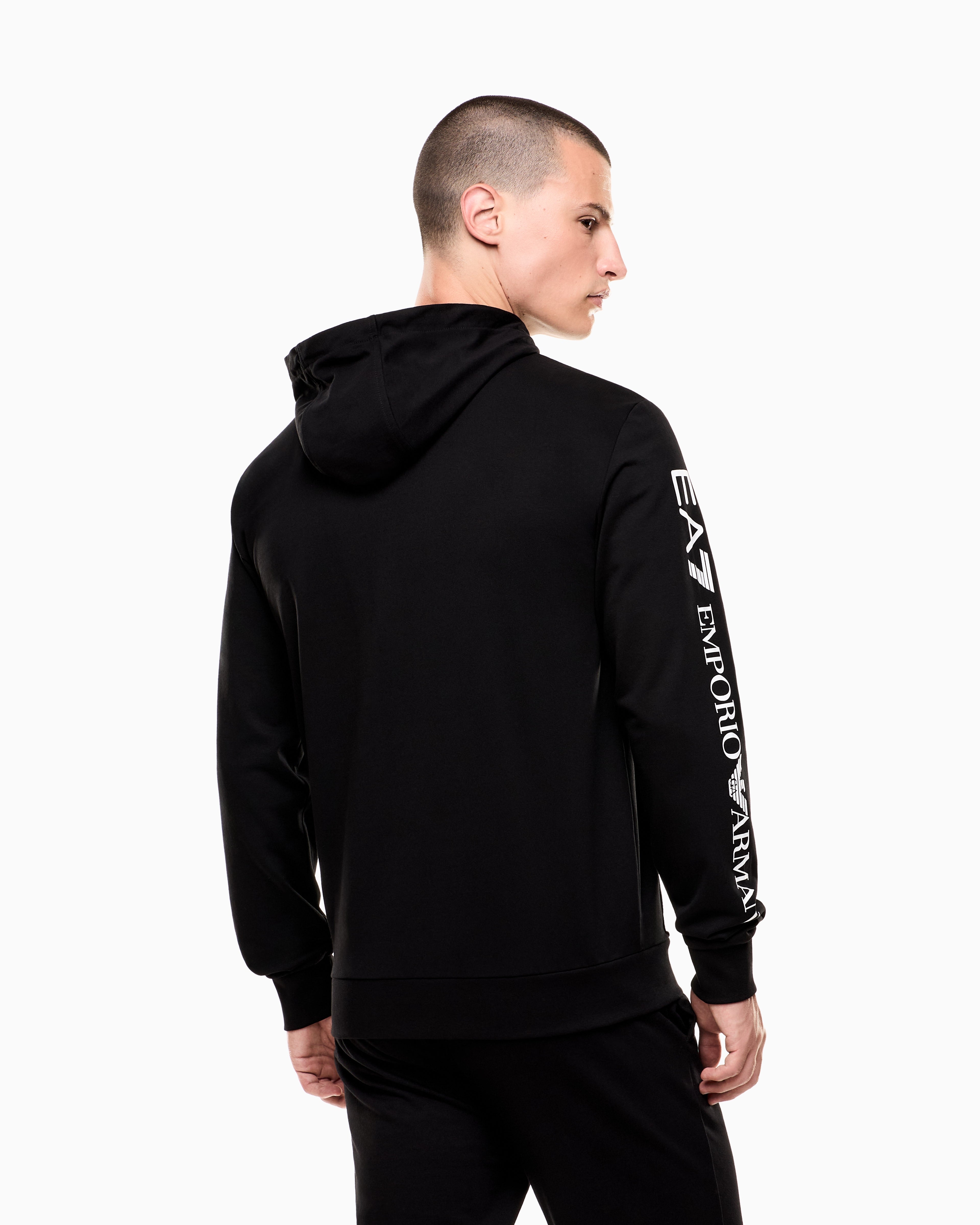 EA7 Logo Series cotton hooded, zip-up sweatshirt