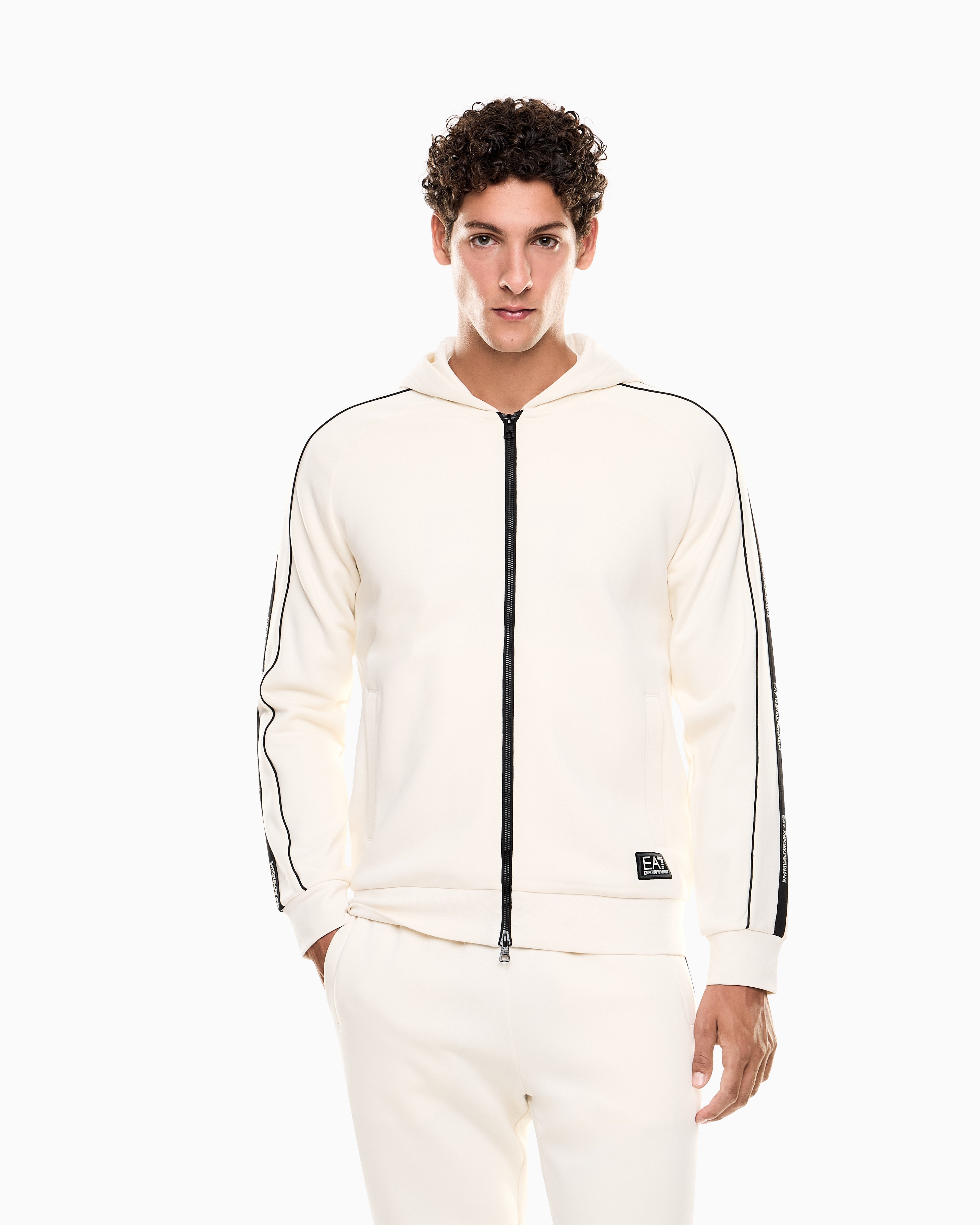 EA7 Logo Series cotton-blend hooded zip-up sweatshirt